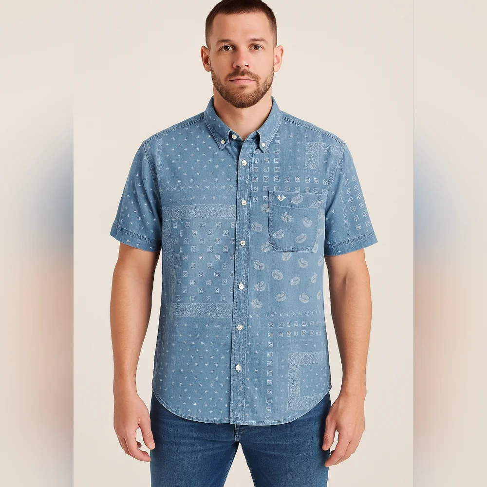 True Religion XL Bandana Patchwork Denim Button-Up Shirt Logo Pocket